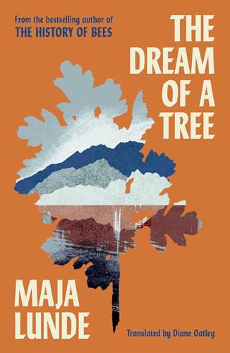 Book cover with an orange background and a large leaf containing a mountain landscape.