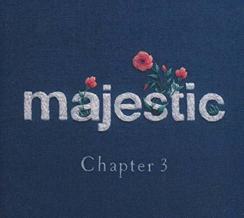 Dark blue textured background with embroidered text “majestic Chapter 3” and flowers.