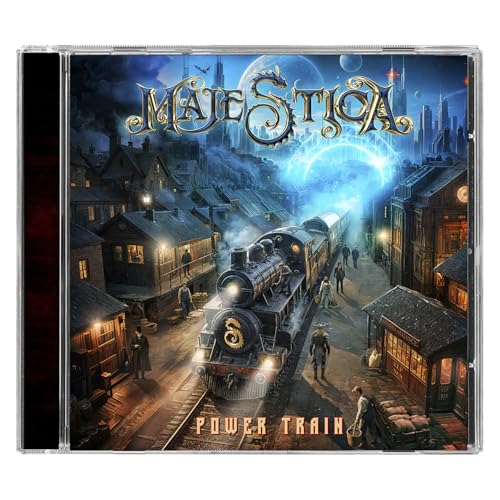 CD cover for “Majestica - Power Train” featuring a steam train and city.