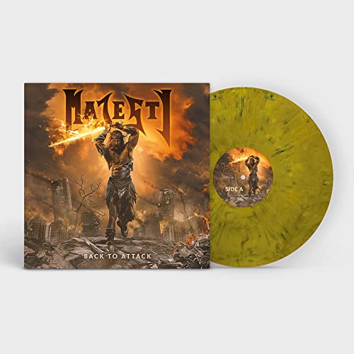 Vinyl record and album cover for Majesty’s “Back To Attack,” featuring warrior art.
