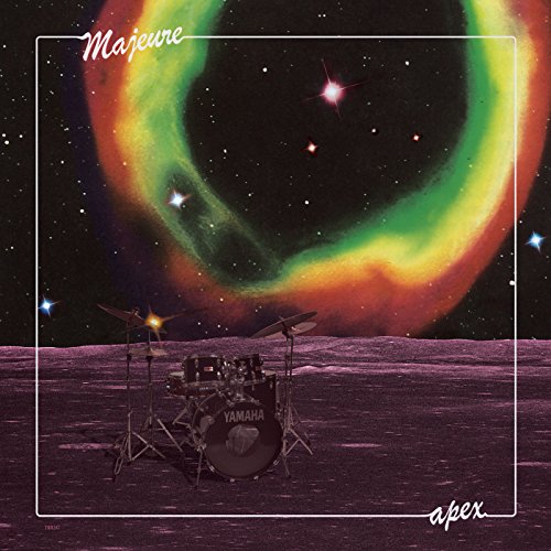 Vinyl album cover: drum set on a moonscape with nebula background.