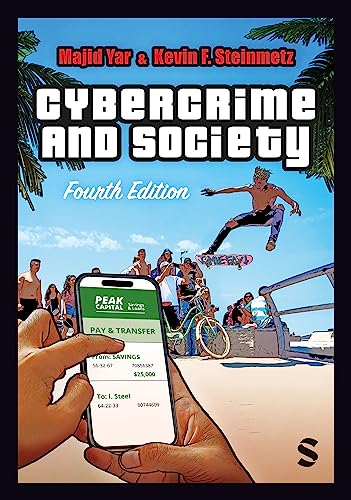 Book cover for Cybercrime and Society showing a person using a banking app outdoors.