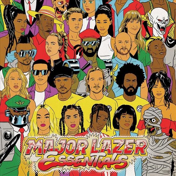 CD cover for Major Lazer Essentials, featuring a colorful, illustrated group portrait.