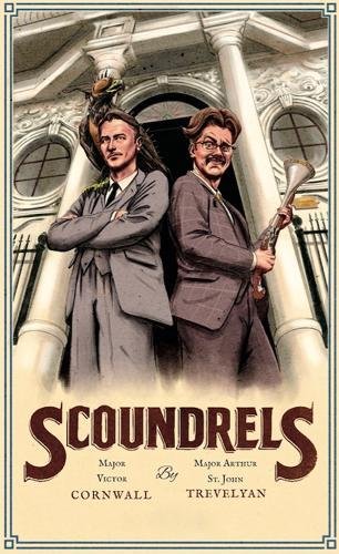 Two men in suits stand before a classical building, title “Scoundrels”.