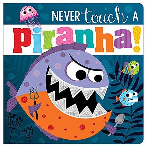 Cartoon piranha with large teeth, jellyfish, and other fish underwater.
