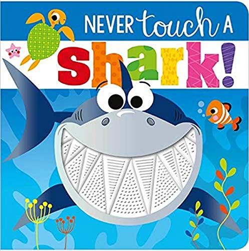 Cartoon shark with textured mouth, turtle, and clownfish in blue water.
