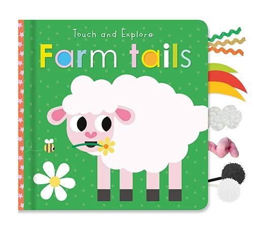 A green board book titled Farm Tails featuring a cartoon sheep with textured tails.