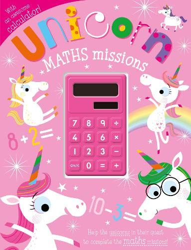 Book cover with unicorns, a pink calculator, and maths equations.