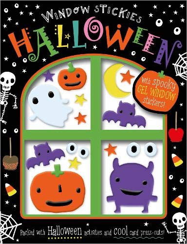 Halloween activity book with window-shaped cutouts and spooky gel stickers.