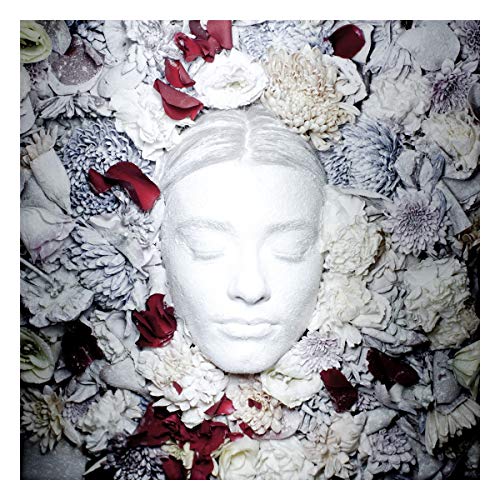 A white bust surrounded by white and red flowers on a square album cover.