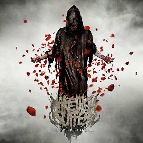 Hooded figure surrounded by falling red petals, album artwork for Neverbloom.