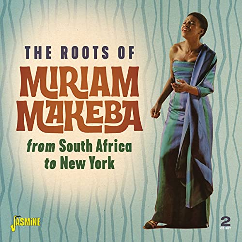CD cover featuring Miriam Makeba in a blue dress, with striped background.