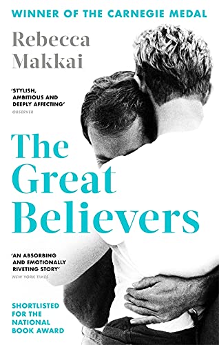 Book cover: two men embracing, title “The Great Believers” in teal.