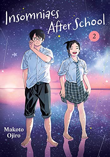 A boy and girl in school uniforms stand barefoot on a starry, reflective surface.