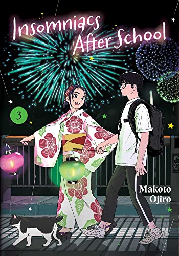 Manga cover: two students with fireworks and festival lights behind them.