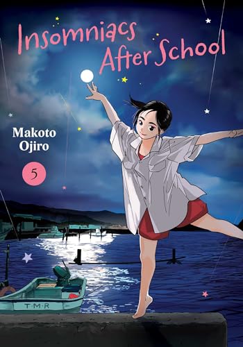 A girl balances on a pier at night with the moon above the water.