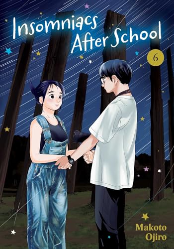 A young man and woman hold hands under a starry night sky with wooden pillars.