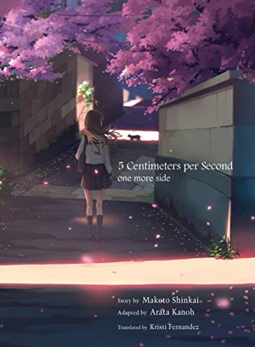 Girl walking away on stairs under pink cherry blossom trees.