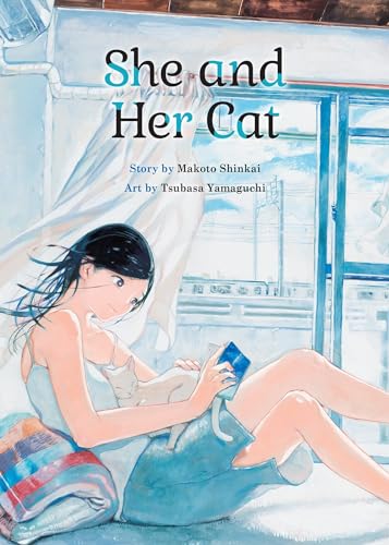 Woman with short dark hair holds a cat, looking out a window.