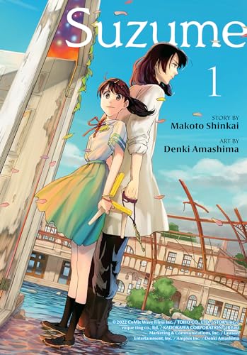 Suzume 1" manga cover: two young people stand before a ruined cityscape.