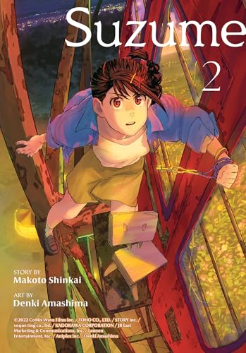 “Suzume 2” manga cover featuring a young woman climbing a red, wooden structure.