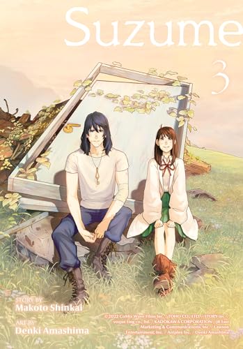 “Suzume 3” manga cover: two figures sit by a weathered door in tall grass.