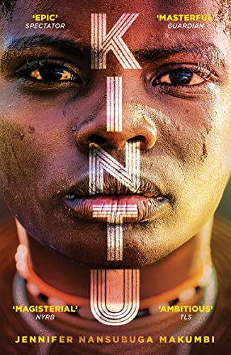 Close-up book cover featuring a person’s face with the title “Kintu” vertically displayed.