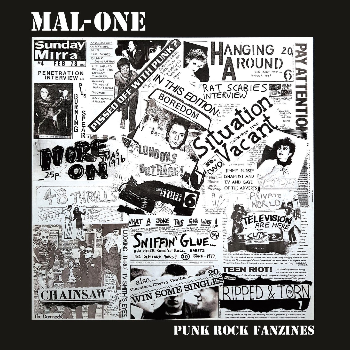 Black and white collage-style album cover for “Mal-one - Punk Rock Fanzines.”