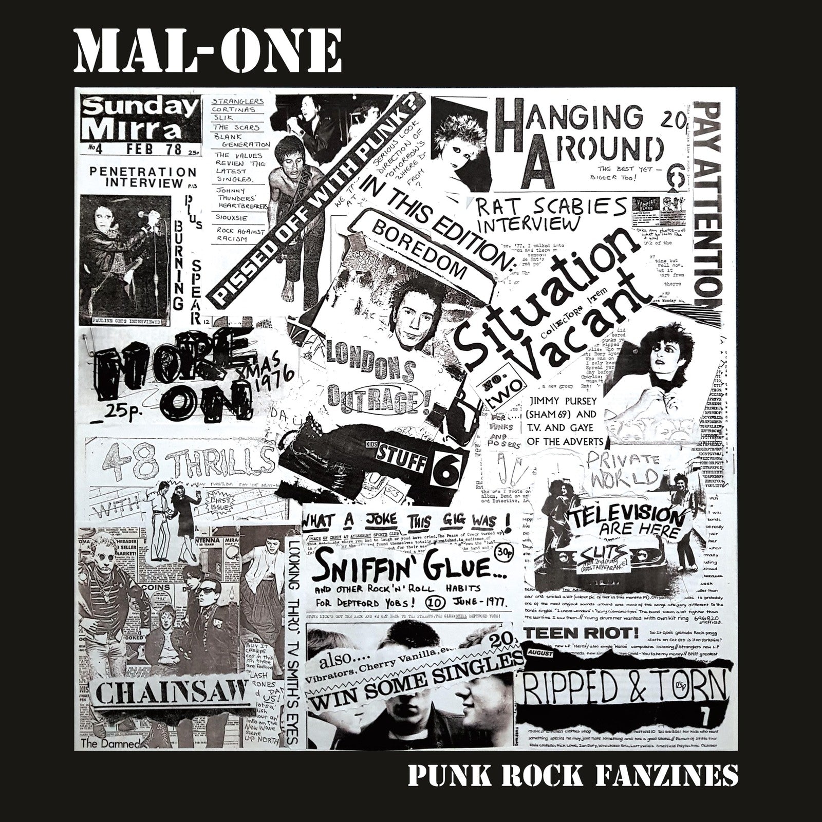 Black and white collage-style album cover for “Mal-one - Punk Rock Fanzines.”