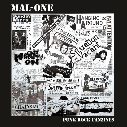 Black and white collage-style album cover for “Mal-one - Punk Rock Fanzines.”