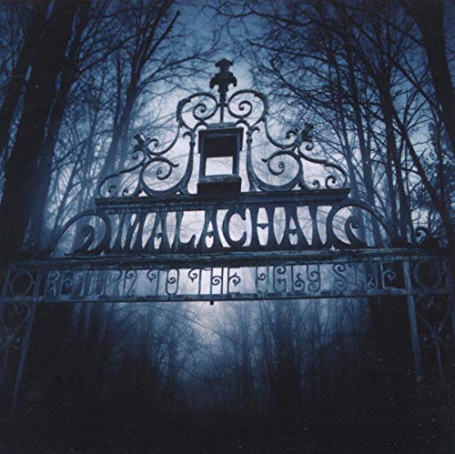 Dark, ornate iron gate with album title against a misty forest.