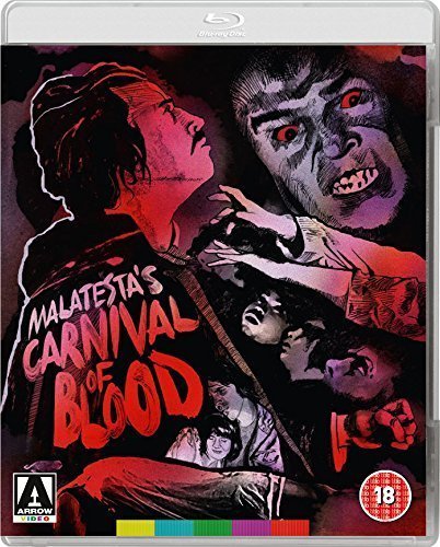 Blu-ray cover art for Malatesta's Carnival of Blood featuring stylized horror illustrations in red tones.
