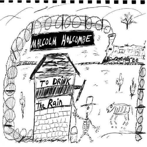 "Black and white drawing of a CD cover featuring a cowboy and a building."