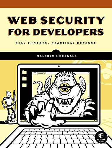 Book cover: "Web Security For Developers" with a laptop and monster illustration.