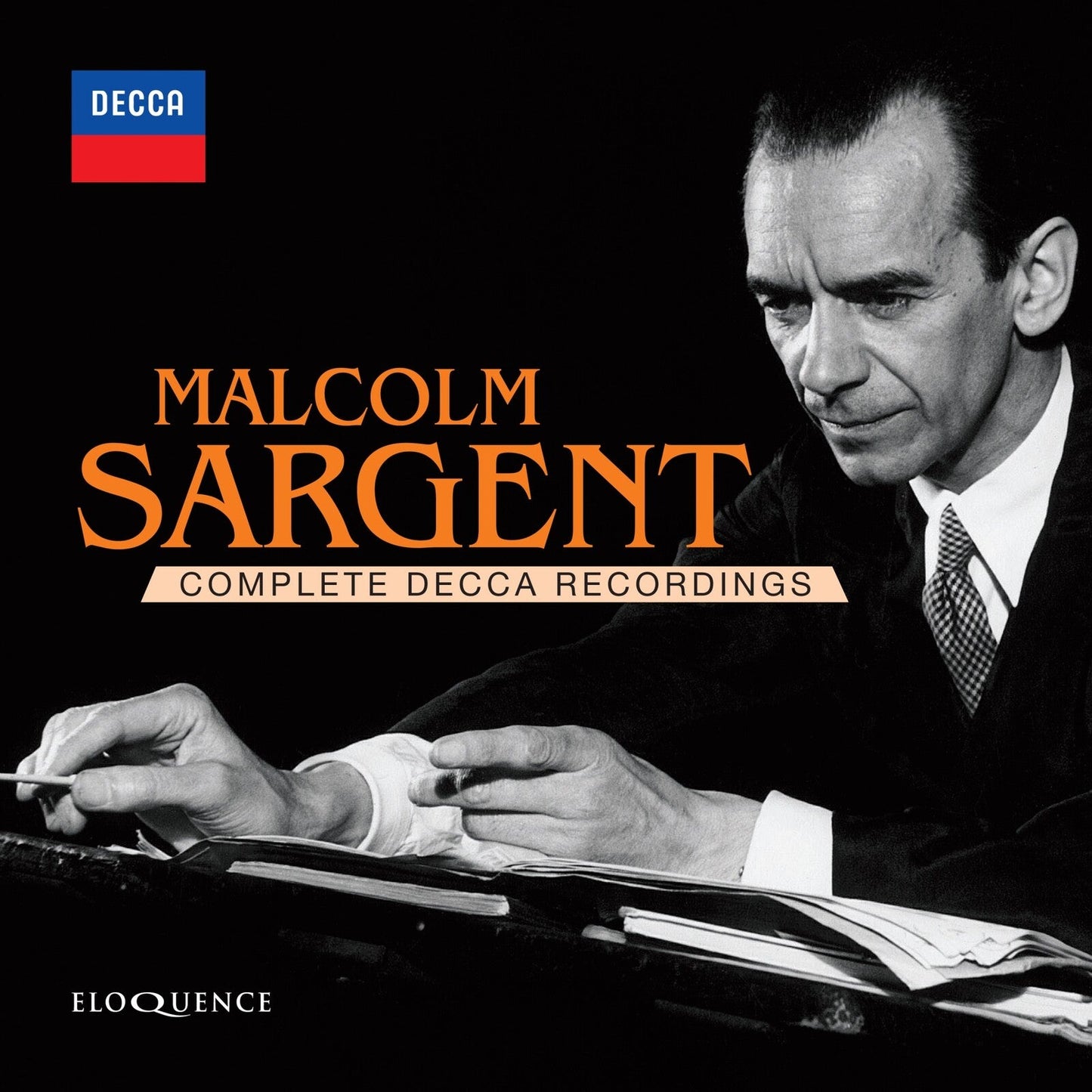 Black and white portrait of conductor Malcolm Sargent, CD cover art.