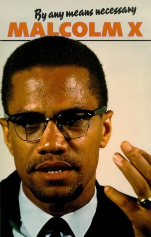 Book cover featuring a portrait of Malcolm X wearing glasses and a suit.