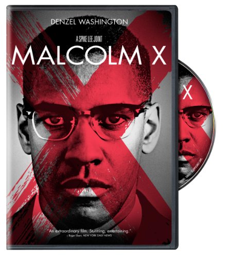 DVD cover featuring Denzel Washington as Malcolm X, with red and black design.