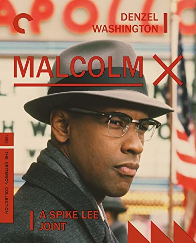 Blu-ray cover featuring Denzel Washington as Malcolm X in a hat and glasses.