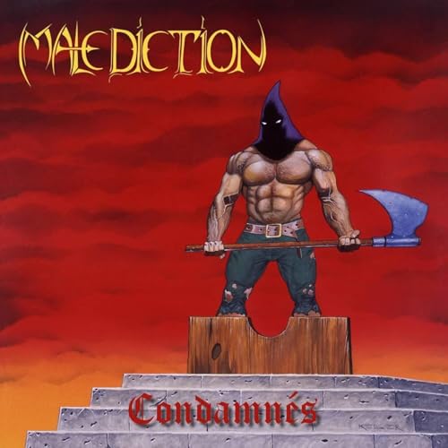 Album cover: hooded figure with axe, red sky, and stone steps.