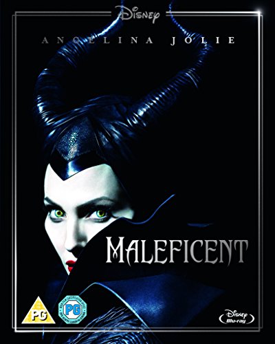 Angelina Jolie as Maleficent with large black horns on a dark DVD cover background.
