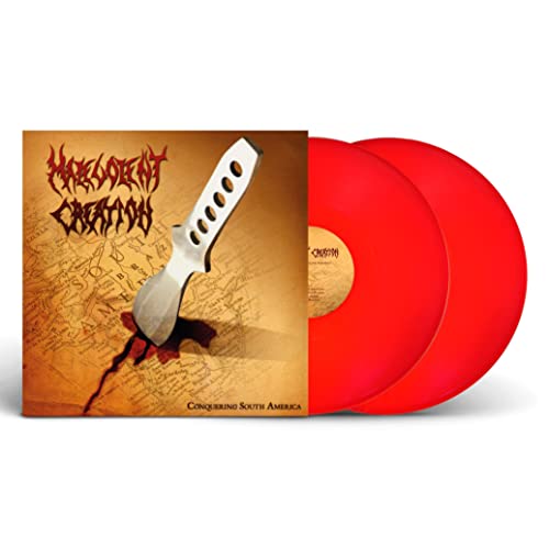 Malevolent Creation vinyl record with a knife image and red discs.