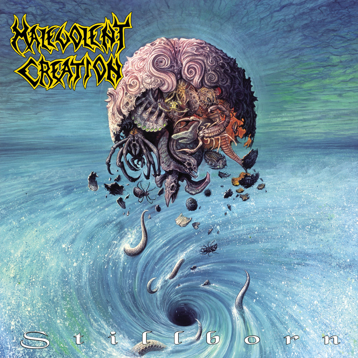 Album cover for "Stillborn" by Malevolent Creation, featuring grotesque organic imagery.