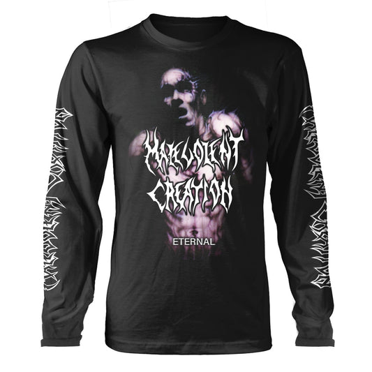 Black long-sleeve shirt with Malevolent Creation band logo and dark figure graphic print.
