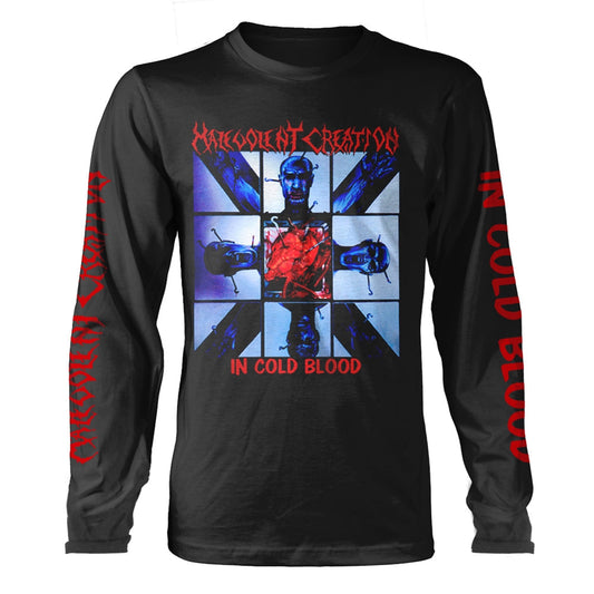Black long-sleeve t-shirt featuring Malevolent Creation In Cold Blood album artwork and red text.