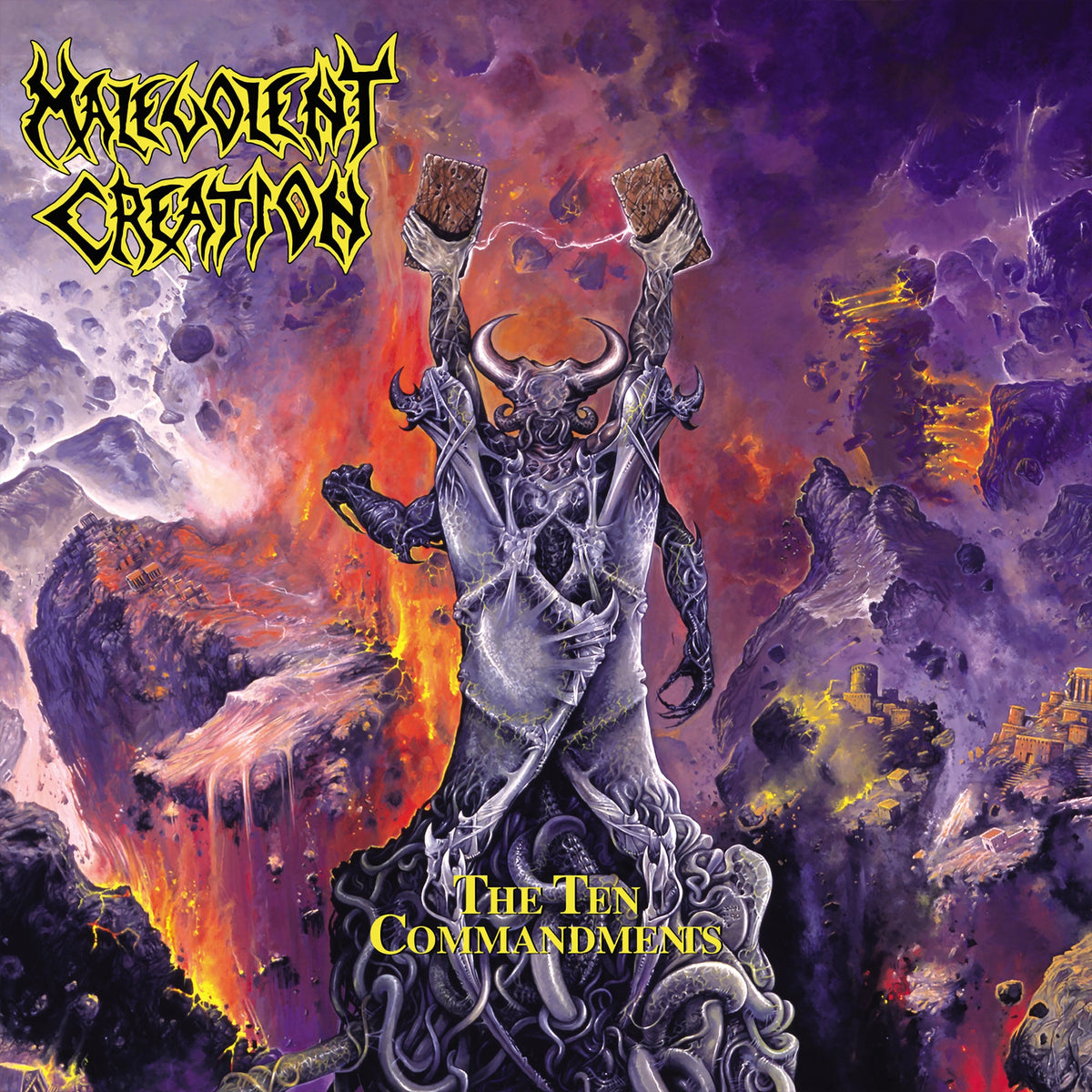 Dark fantasy album cover featuring a demonic figure holding stone tablets.