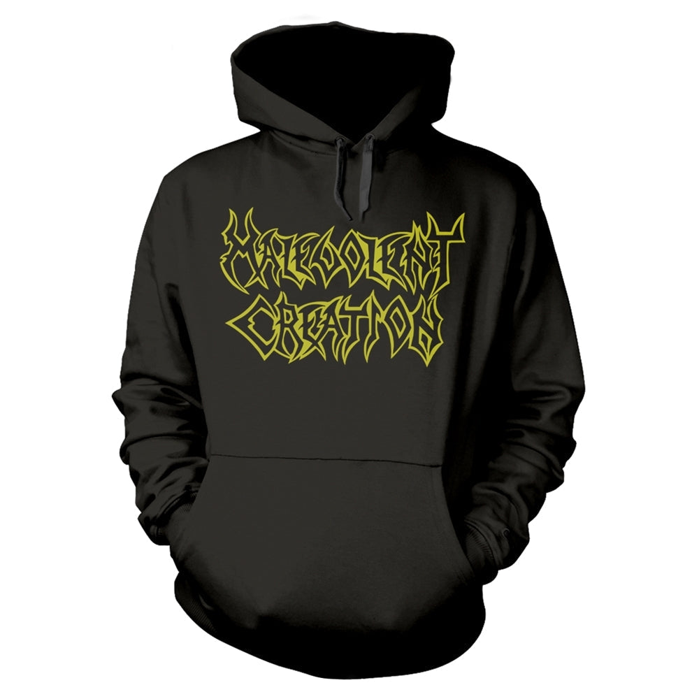 Black hoodie with yellow “Malevolent Creation” band logo graphic.