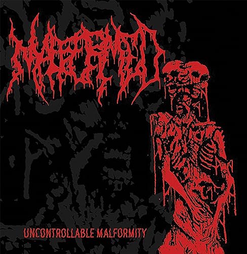 Red death metal logo and a grotesque, melting figure on a black background.