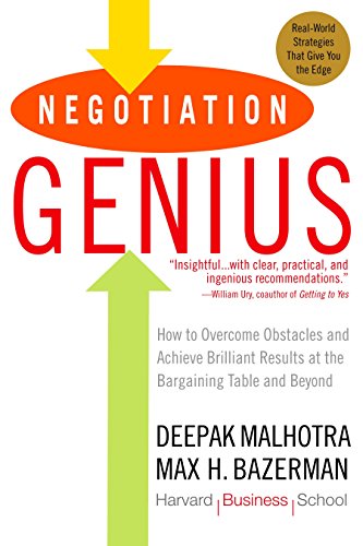 Book cover for "Negotiation Genius" with bold red and yellow text.