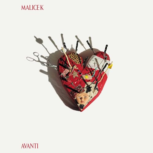 Red heart pierced with pins and scissors, album cover for Malice K’s Avanti.