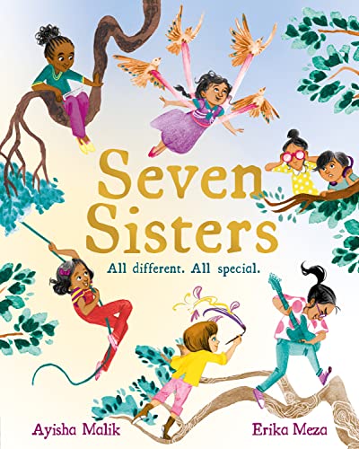 Book cover: Seven Sisters, illustrated children playing amongst tree branches.
